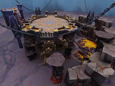 Cartoon Scene Showcasing Stone Platform Lava Pools Mechanical Structures And Flaming Torches 3d model