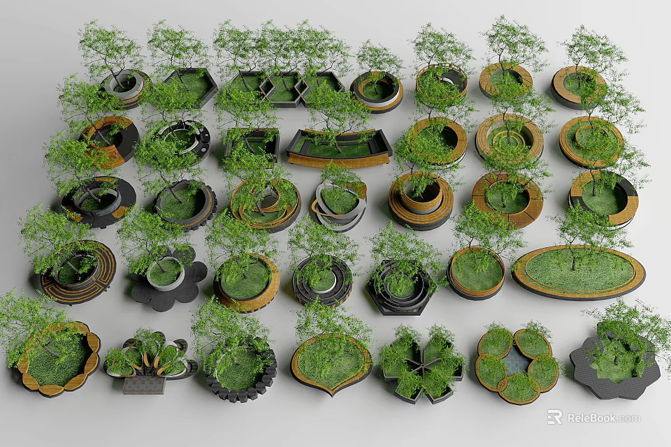 Creative Tree Planters With Assorted Designs Shapes And Lush Green Foliage 3d model