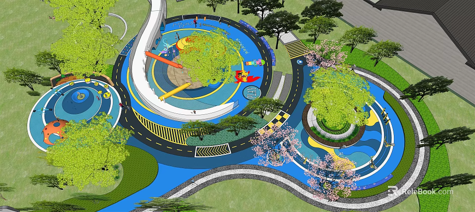 Residential Landscape Design With Curved Paths Green Trees And Colorful Play Areas 3d model 