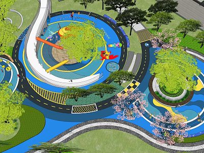 Residential Landscape Design With Curved Paths Green Trees And Colorful Play Areas 3d model