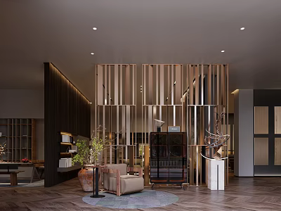 Modern Lobby Interior Design With Wooden Partition Sofa Green Plant And Bookshelf 3d model