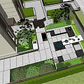 Lush Courtyard Garden Pathway With Person Walking Cacti Plants And Flower Pots