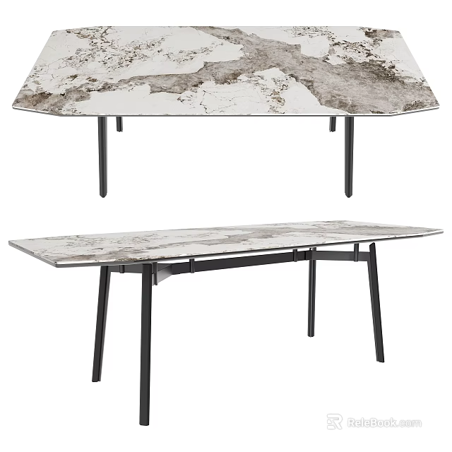 Modern Dining Table With Marble Top White Gray Patterns And Black Metal Legs 3d model