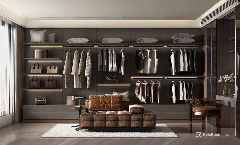 Modern Walk In Closet Interior With Clothes Bags And Sofa 3d model 