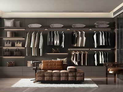 Modern Walk In Closet Interior With Clothes Bags And Sofa 3d model