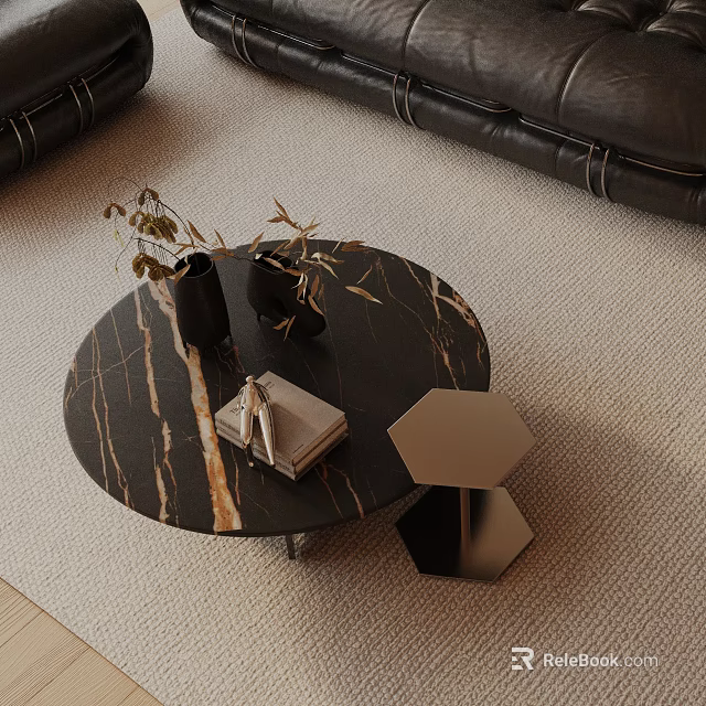 Modern Black Leather Sofa Coffee Table Set With Round Marble Top And Hexagonal Side Table 3d model