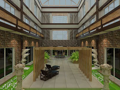 Garden Landscape in Indoor Atrium with Brick Walls Glass Roof Wooden Screens and Green Plants 3d model