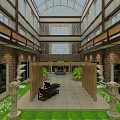 Garden Landscape in Indoor Atrium with Brick Walls Glass Roof Wooden Screens and Green Plants