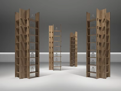 Multiple Wooden Shelving Units With Open Tiered Design And Transparent Bottles 3d model