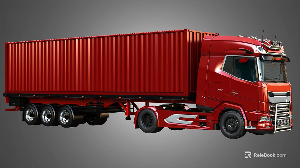 Powerful Red Container Truck For Efficient Cargo Transportation With Spacious Trailer And Modern Design 3d model 
