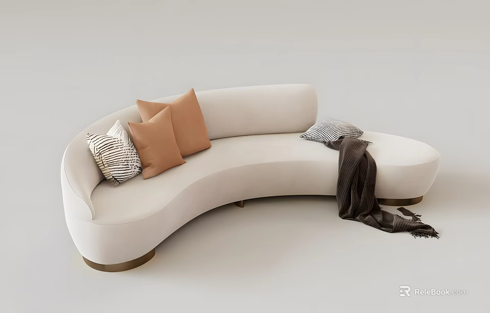 Modern Curved White Velvet Sofa With Neutral Pillows And Soft Blanket In Living Room 3d model 