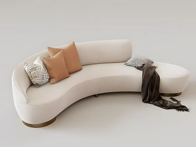 Modern Curved White Velvet Sofa With Neutral Pillows And Soft Blanket In Living Room 3d model