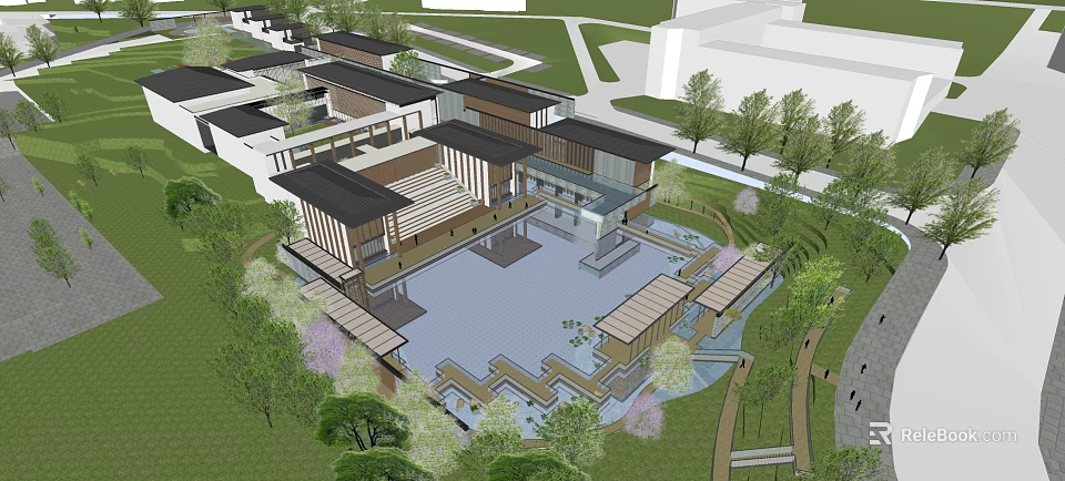 Modern Chinese Architectural Complex With Courtyard Pool And Lush Green Plants 3d model