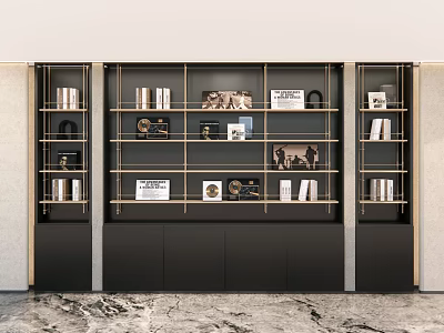 Modern Study Room Interior With Multi tiered Bookshelves Decorative Items And Storage Cabinets 3d model