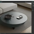 Modern Gray Round Coffee Table With Dried Branches And Tray On Carpet