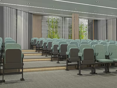 Modern Conference Room Interior With Stepped Seating Green Gray Seats And Green Plants 3d model