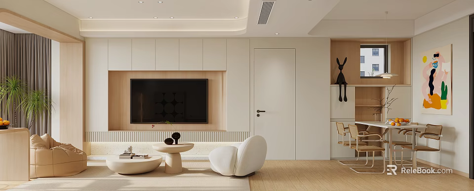 Modern Living Dining Room Interior Design With TV Wall Decor White Sofa And Round Table 3d model 