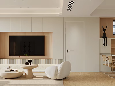 Modern Living Dining Room Interior Design With TV Wall Decor White Sofa And Round Table 3d model