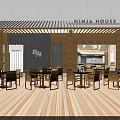 Ninja House Japanese Style Restaurant Interior Design With Wooden Structure And Dining Tables And Chairs