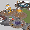 Playground Equipment With Slide Circular Track Rocket Shaped Structure Rotating Device And Green Lawn