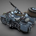 Vintage Military Style Motorcycle with Sidecar Equipped with Machine Gun Helmet and Spare Tire Gear