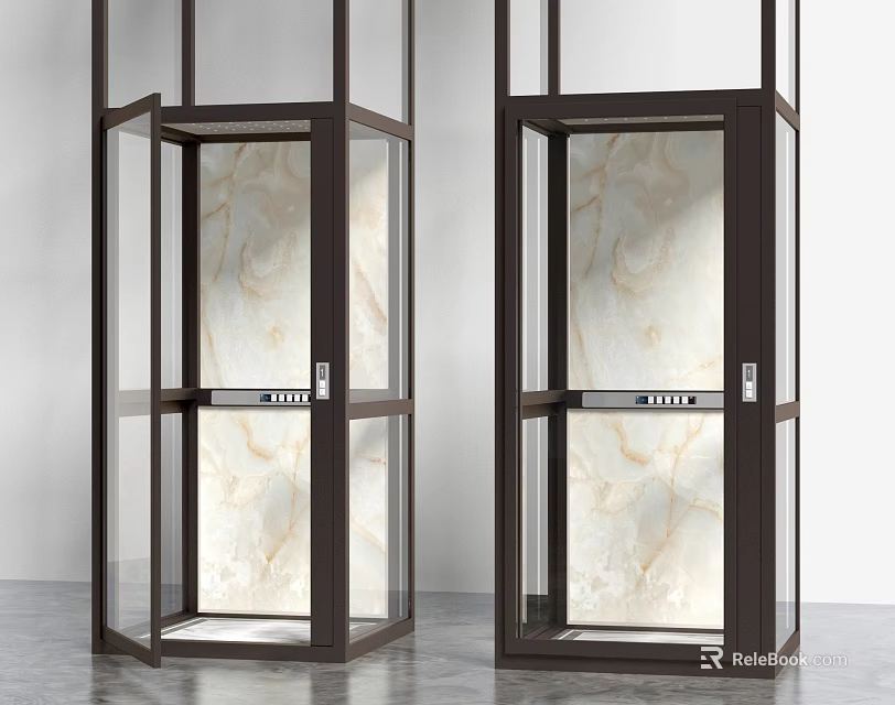 Sleek Modern Elevators With Glass Enclosures And Marble Interior Finishes 3d model
