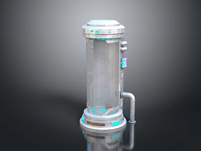 Cartoon Scene Futuristic Transparent Cylindrical Device With Silver Blue Control Panel And Curved Pipe 3d model