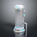 Cartoon Scene Futuristic Transparent Cylindrical Device With Silver Blue Control Panel And Curved Pipe