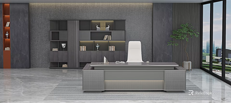 Modern Office Desk Setup With White Chair Gray Bookshelf And Decorative Items 3d model 