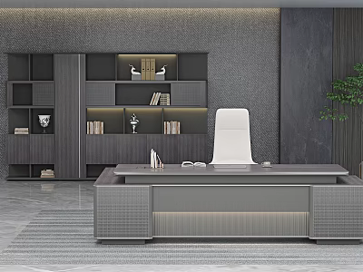 Modern Office Desk Setup With White Chair Gray Bookshelf And Decorative Items 3d model