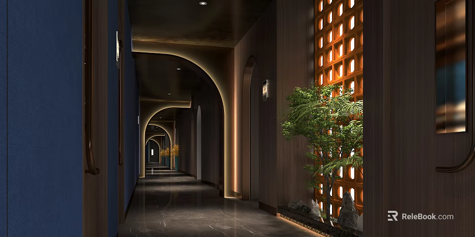 Modern Elevator Hallway With Arch Design Wooden Walls Green Plants And Stone Decor 3d model 