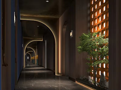 Modern Elevator Hallway With Arch Design Wooden Walls Green Plants And Stone Decor 3d model