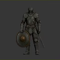 Man In Medieval Knight Armor Holding Shield And Sword Standing