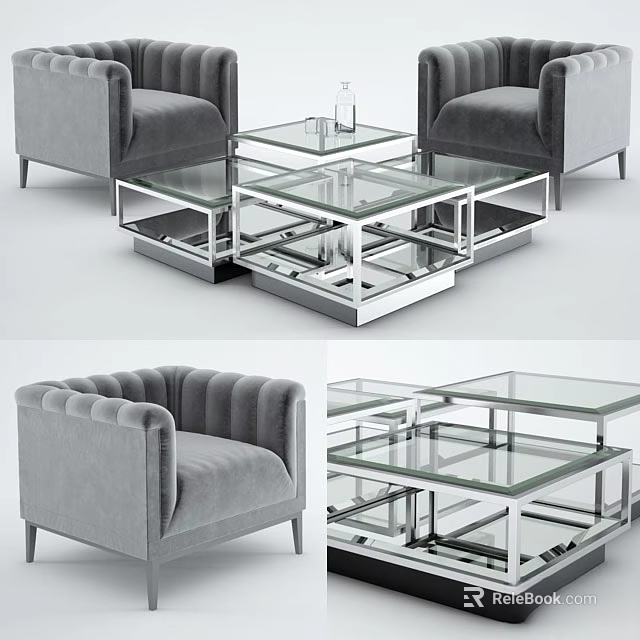 Modern Gray Velvet Accent Chair With Glass Top Coffee Table And Metal Frame 3d model 