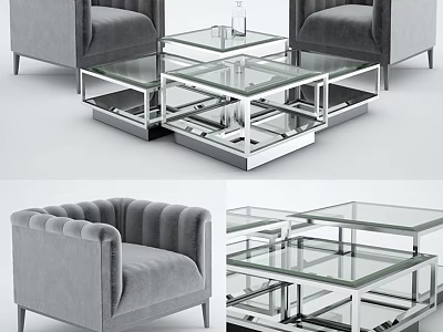 Modern Gray Velvet Accent Chair With Glass Top Coffee Table And Metal Frame 3d model
