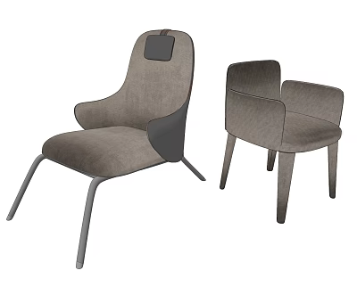 Modern Gray Upholstered Accent Chair Two Angle Views With Curved Armrest Backrest Design 3d model