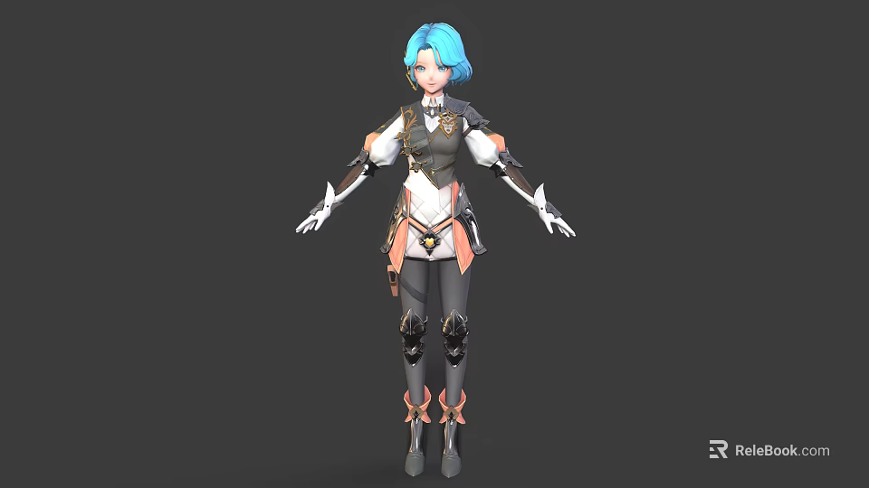 Detailed 3D Fantasy Character with Blue Hair Armor Elements White Dark Outfit and Decorative Boots 3d model 