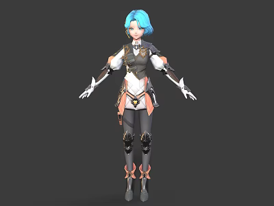 Detailed 3D Fantasy Character with Blue Hair Armor Elements White Dark Outfit and Decorative Boots 3d model