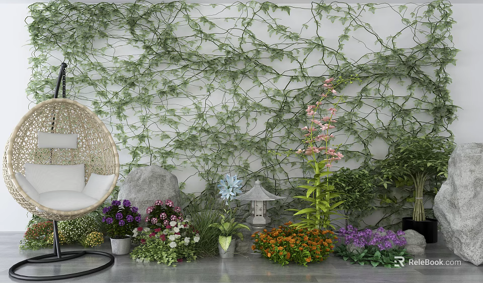 Bonsai and Potted Plants Decor With Colorful Flowers Green Ivy Wall And Wicker Swing Chair 3d model 