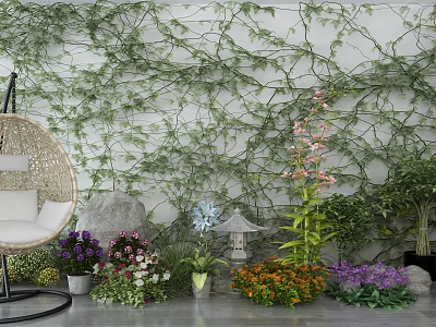 Bonsai and Potted Plants Decor With Colorful Flowers Green Ivy Wall And Wicker Swing Chair 3d model