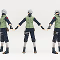 Anime Game Character With White Hair Green Vest Black Outfit Multiple Angles