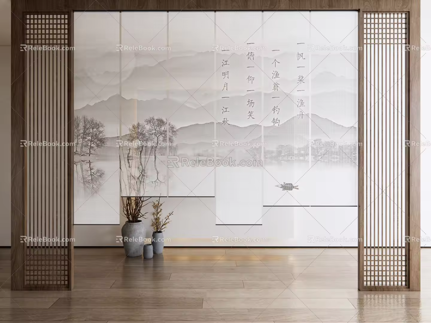 New Chinese-style roller shutter landscape gauze curtain partition 3d model