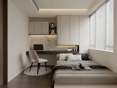 Modern Bedroom Interior Design With Desk Chair Cabinets Window Blinds And Minimalist Style 3d model