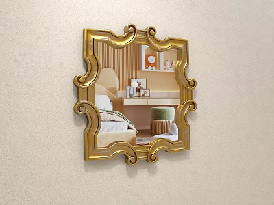 Ornate Gold Framed Mirror Reflecting Bedroom Interior With Bed Stool And Table 3d model