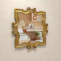 Ornate Gold Framed Mirror Reflecting Bedroom Interior With Bed Stool And Table