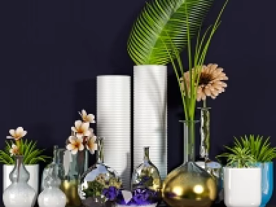 Elegant Shelf Display With Bonsai Potted Plants And Decorative Vases Flowers 3d model