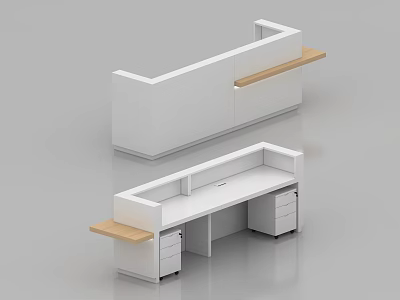 Modern Reception Desk Design With White Surface And Wooden Counter Drawers 3d model