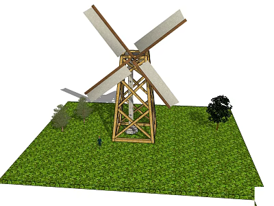 Wooden Windmill Tower and Blades Frame Structure Surrounded by Green Grassland and Trees 3d model