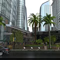 Vibrant Commercial Street With Palm Trees Modern Buildings Pedestrians And Shops