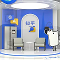 Blue Zhihu Themed Stage With Cartoon Character Seating Area And Megaphone